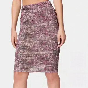 Bebe Ruched Mesh Midi Skirt, Pink Multi Snake Print, Lined, Size XL. NWT!
